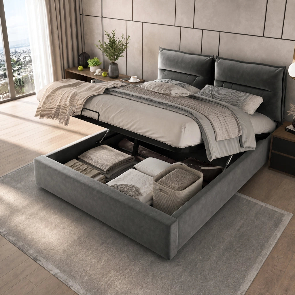Letto matrimoniale contenitore 140x200 cm in velluto grigio