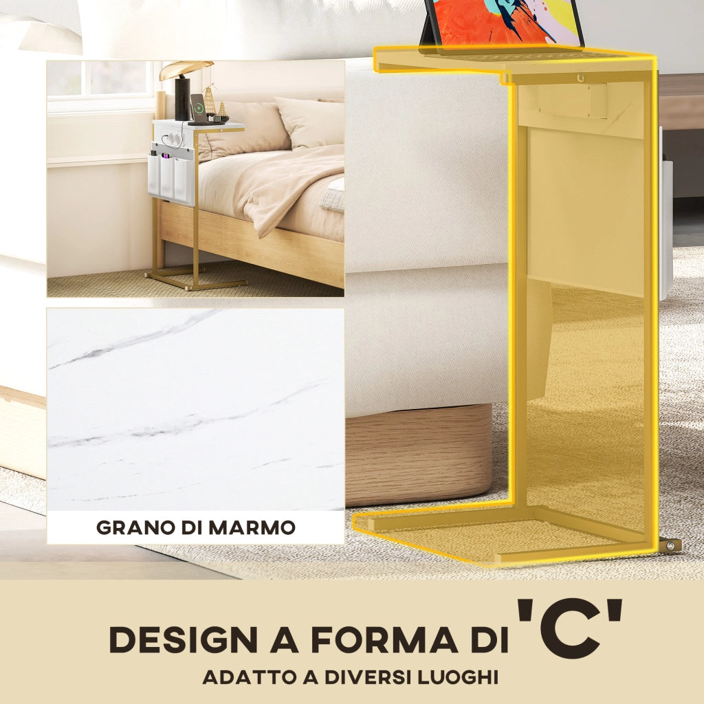 Tavolino da Caff¨¨ Effetto Marmo con Prese USB ¨C ZephMum ¨C Bianco 50x50x40