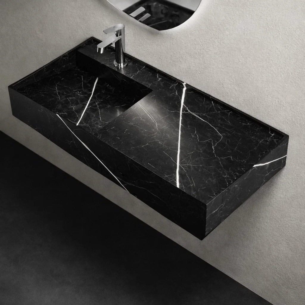 Lavabo consolle sospeso astrid artificial stone nero e bianco venato elegante moderno *** finitura- nero, confezione 1