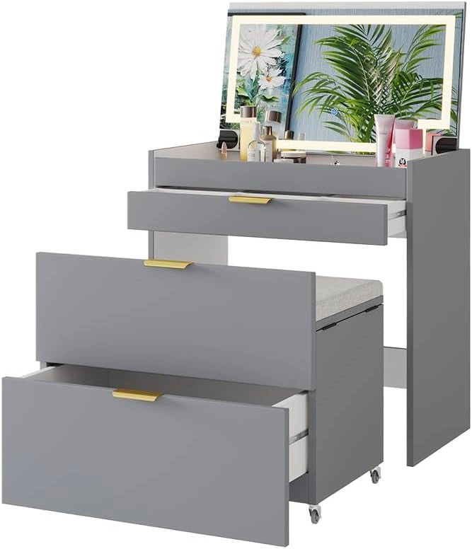Tavolino da toilette Wanja, Grigio, 80 cm con panca e specchio LED, utilizzabile come tavolo da trucco e scrivania con sgabello girevole
