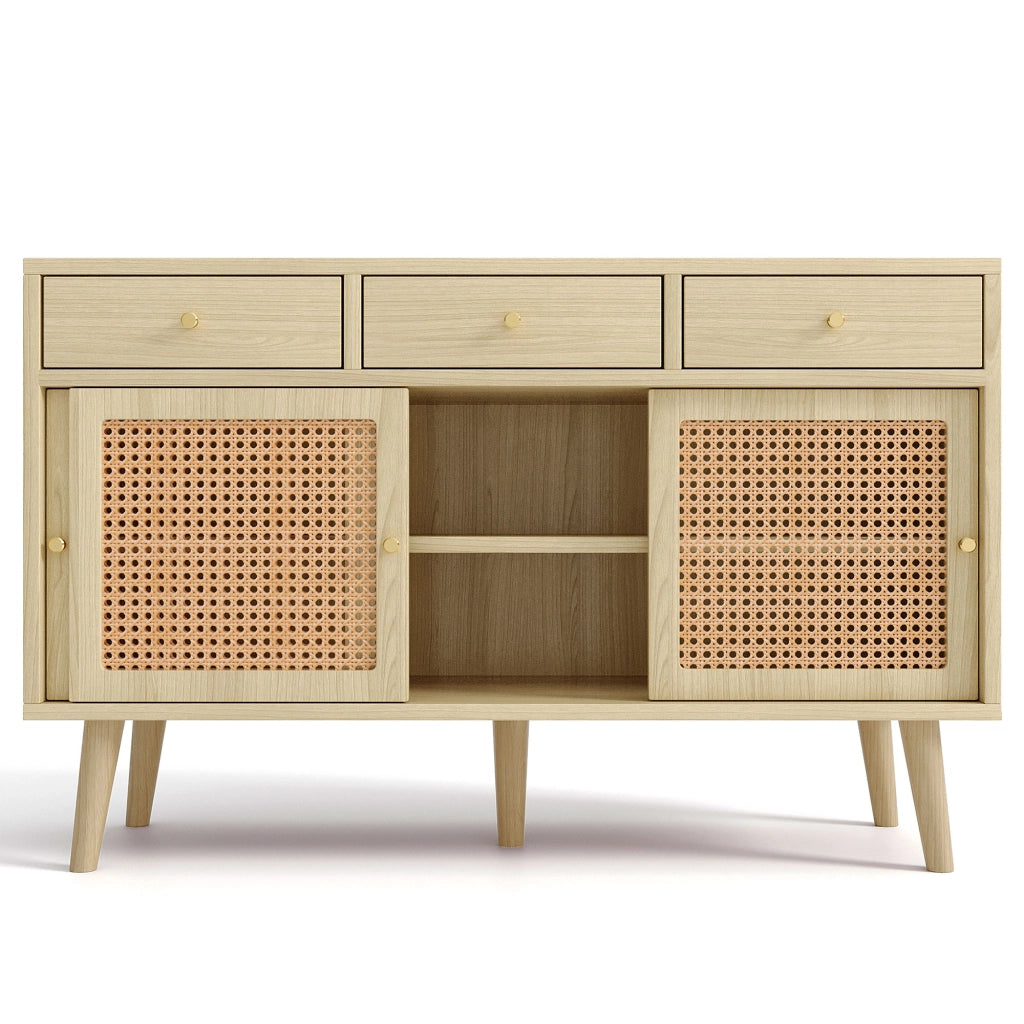 Credenza con Cassetti e Ante Scorrevoli in Rattan ¨C MINIMAL ¨C Rovere, 120x40x78