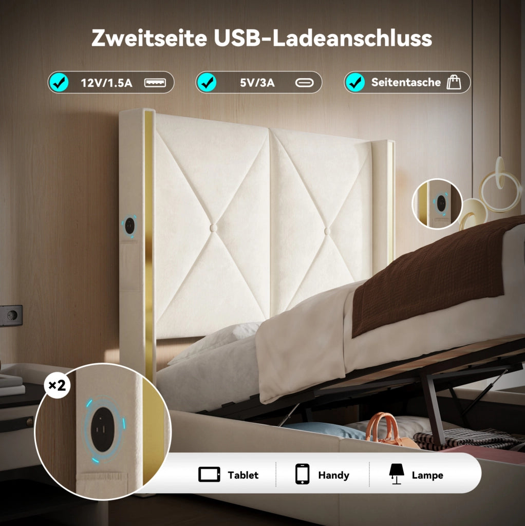 Letto singolo in velluto beige con LED, USB-C e contenitore 90x200