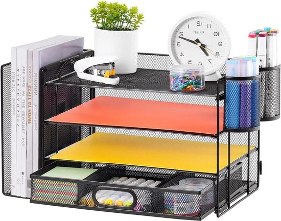 Organizzatore per ufficio con 4 ripiani, cassetto e porta penne - organizzatore multifunzionale per documenti per ufficio domestico - nero