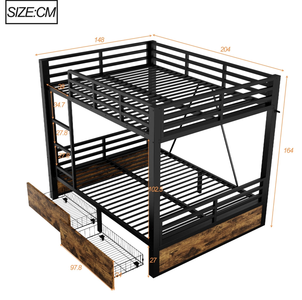 Letto a castello 140x200 cm con cassetti; scala e sponde in metallo e legno nero