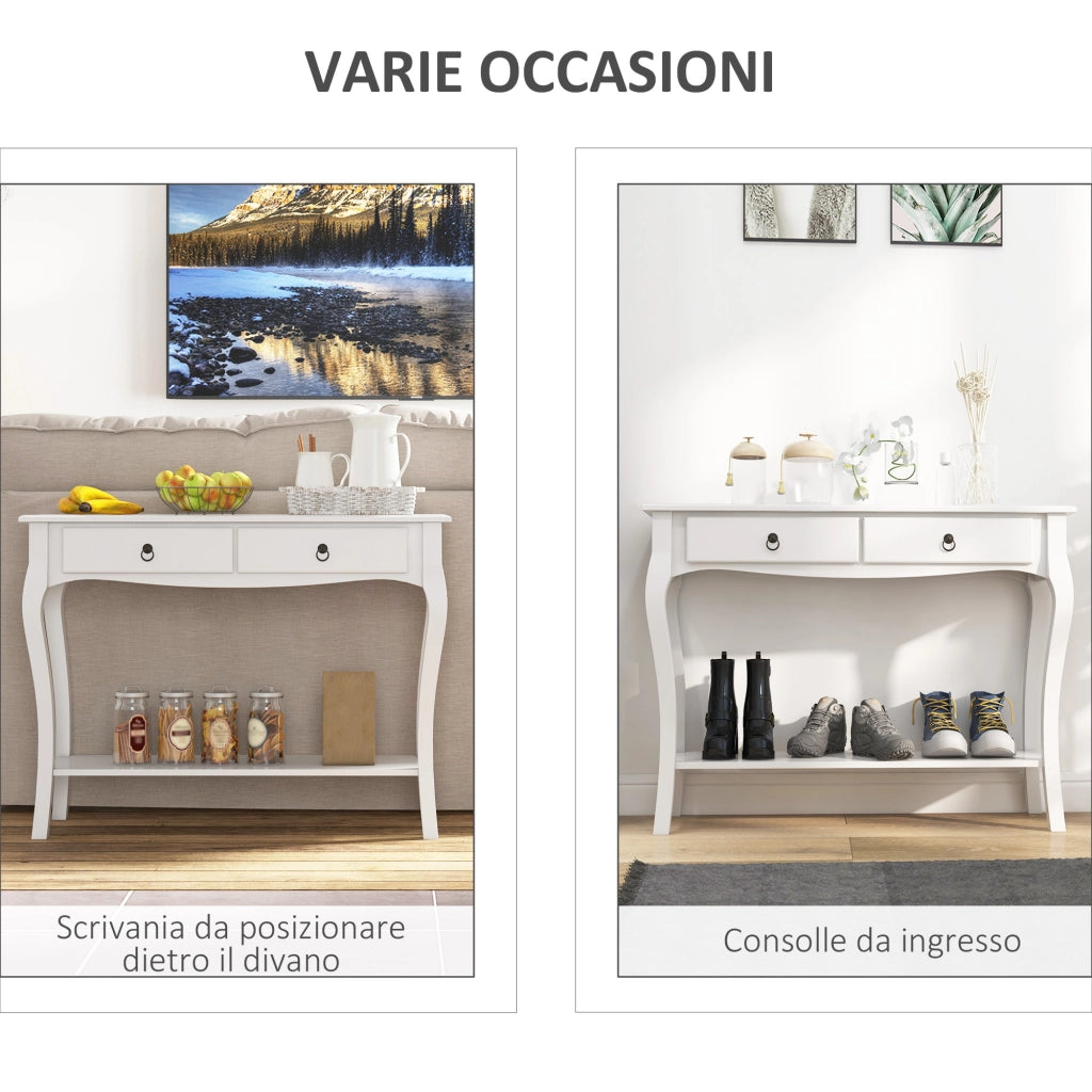 Mobiletto Tavolo Consolle da Ingresso Moderno con 2 Cassetti Casa Legno 100 ¡Á 33 ¡Á 75cm Bianco