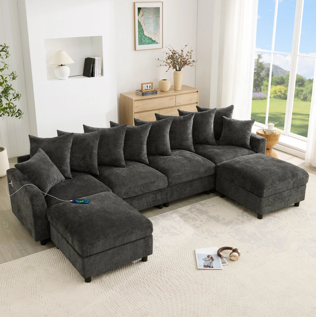Divano angolare modulare 6 posti a U/L in ciniglia grigia con USB e Type-C