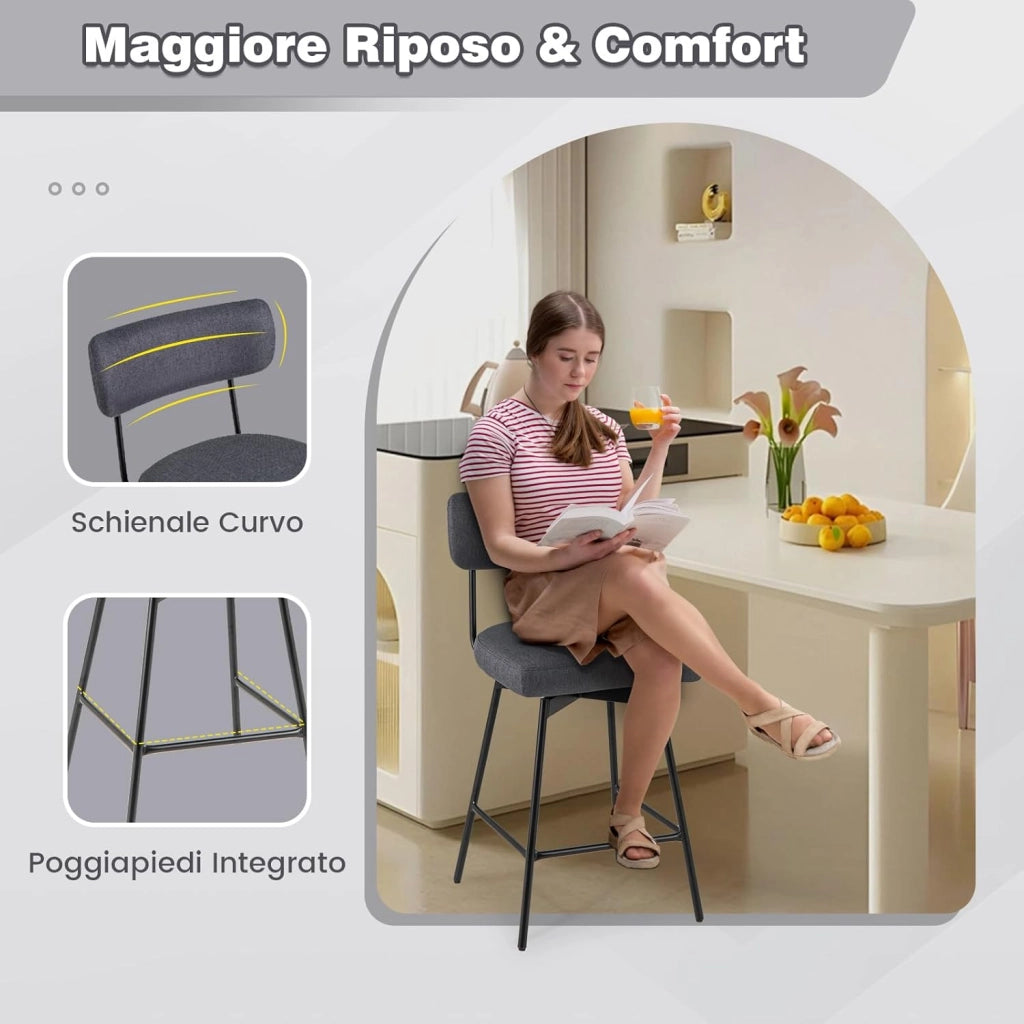 Set di 2 Sgabelli da Bar Girevoli a 360°, Sgabelli da Cucina con Schienale, Poggiapiedi, Sedia Alta Moderna Imbottita Struttura in Metallo, Altezza 90,5 cm, Capacità di 150 kg (Grigio)