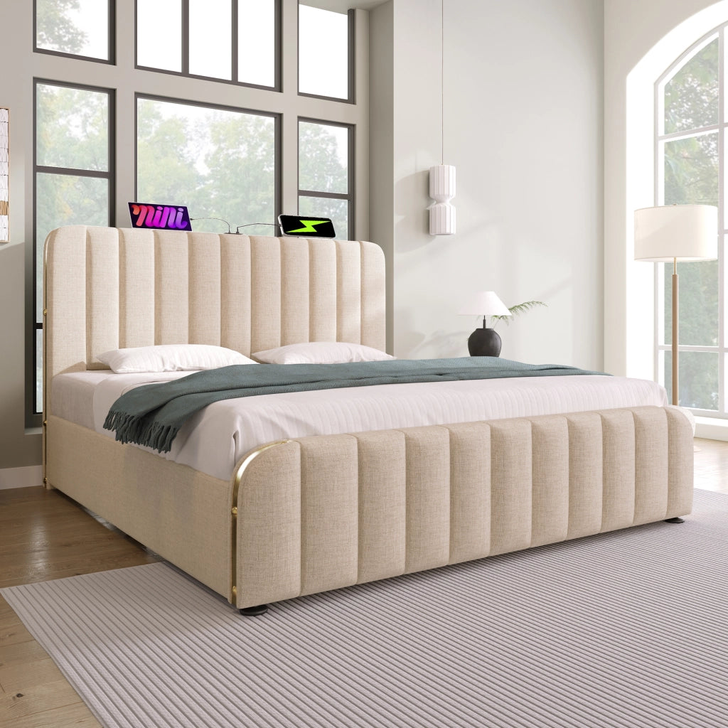 Letto contenitore imbottito 140x200 cm beige con testiera USB e Type-C, struttura in metallo, senza materasso