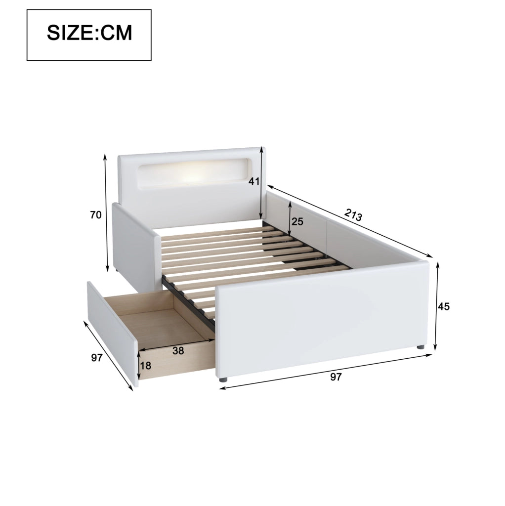 Letto singolo per bambini 90x200 cm con cassetti; luce LED e USB in ecopelle bianca