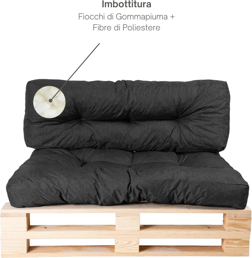 Cuscini per Pallet - Tessuto Idrorepellente e Anti-UV - Molto Confortevole, Imbottito in Schiuma - Cuscini per Divano Esterno Giardino (Seduta 120x80 cm + Schienale 120x40 cm, Nero)