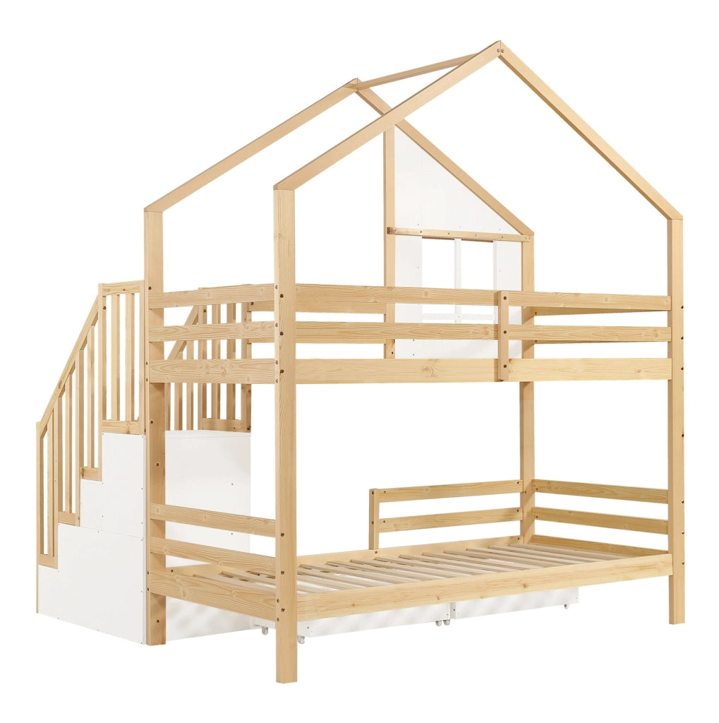 Letto a castello per bambini 90x200 cm con cassetti e scala contenitore