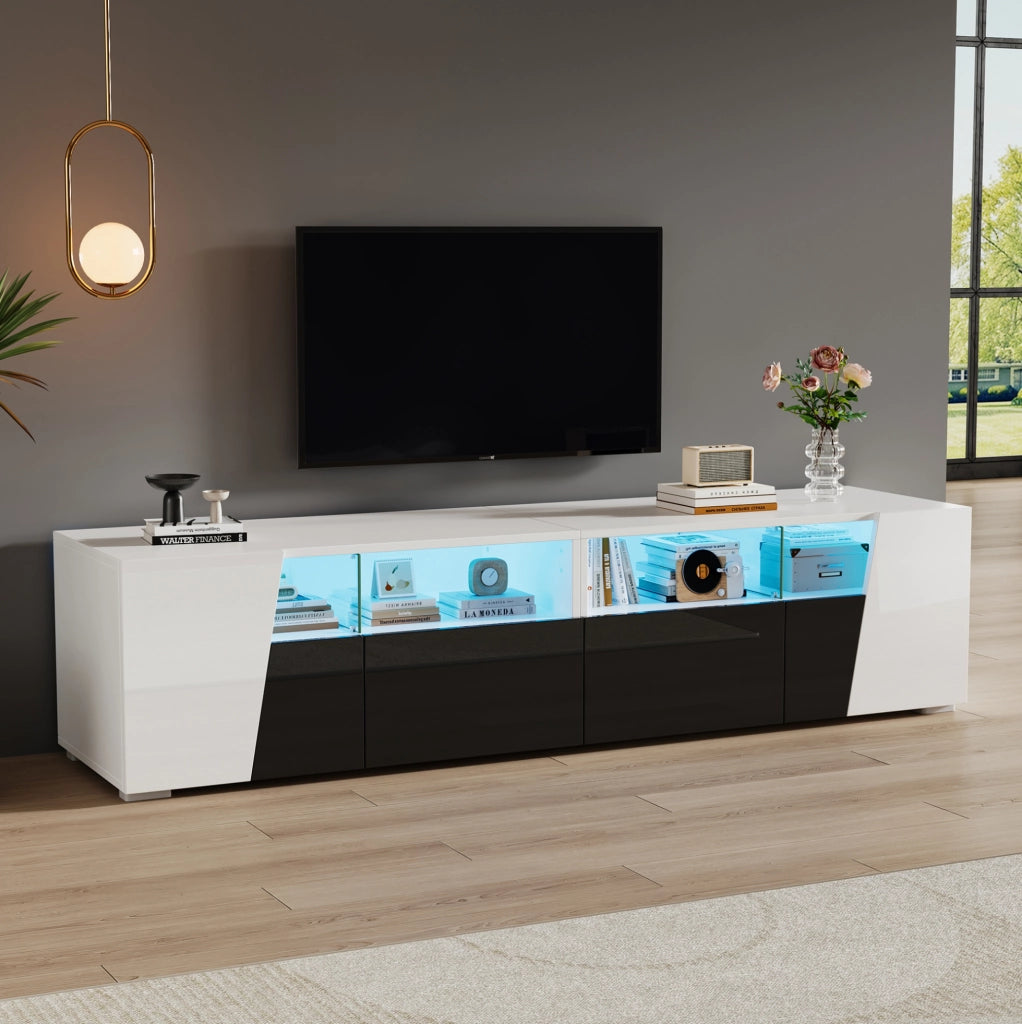Mobile TV ULEVR 180x38,5x45 cm con LED Bluetooth, 2 ante, 2 cassetti e 4 vani aperti, bianco e nero