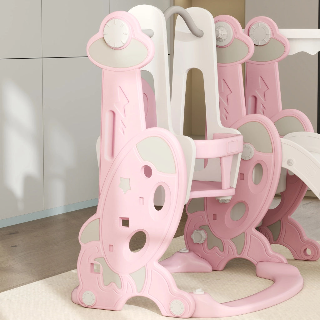 Scivolo per Bambini 4 in 1 con Altalena Scaletta da Arrampicata e Cestino da Basket in PP e PE Rosa