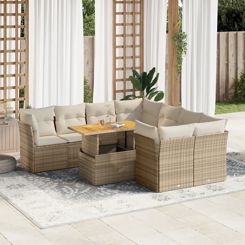 Set Divano da Giardino 9 pz con Cuscini Beige in Polyrattan 3326907