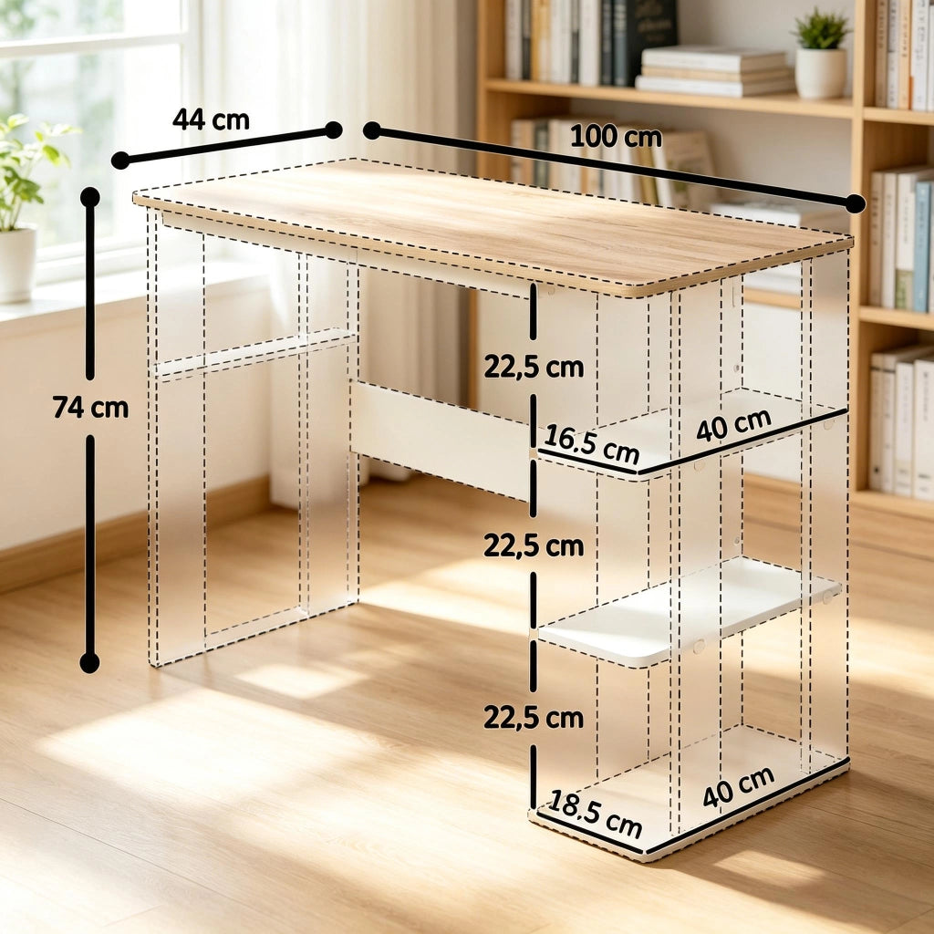 Scrivania lineare con ripiano, in truciolato, bianco e rovere chiaro, per camera da letto e ufficio, 100 × 44 × 74 cm