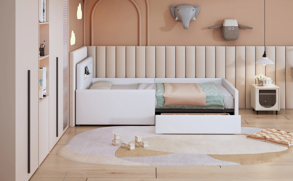 DESMIU Letto per bambini singolo con USB, luce notturna e cassetto 90 × 200 cm, senza materasso, bianco