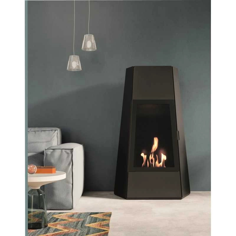 Biocamino pavimento Shanghai Nero 3 kW – altezza 121 cm, vetro frontale, design acciaio – Tecno Air System