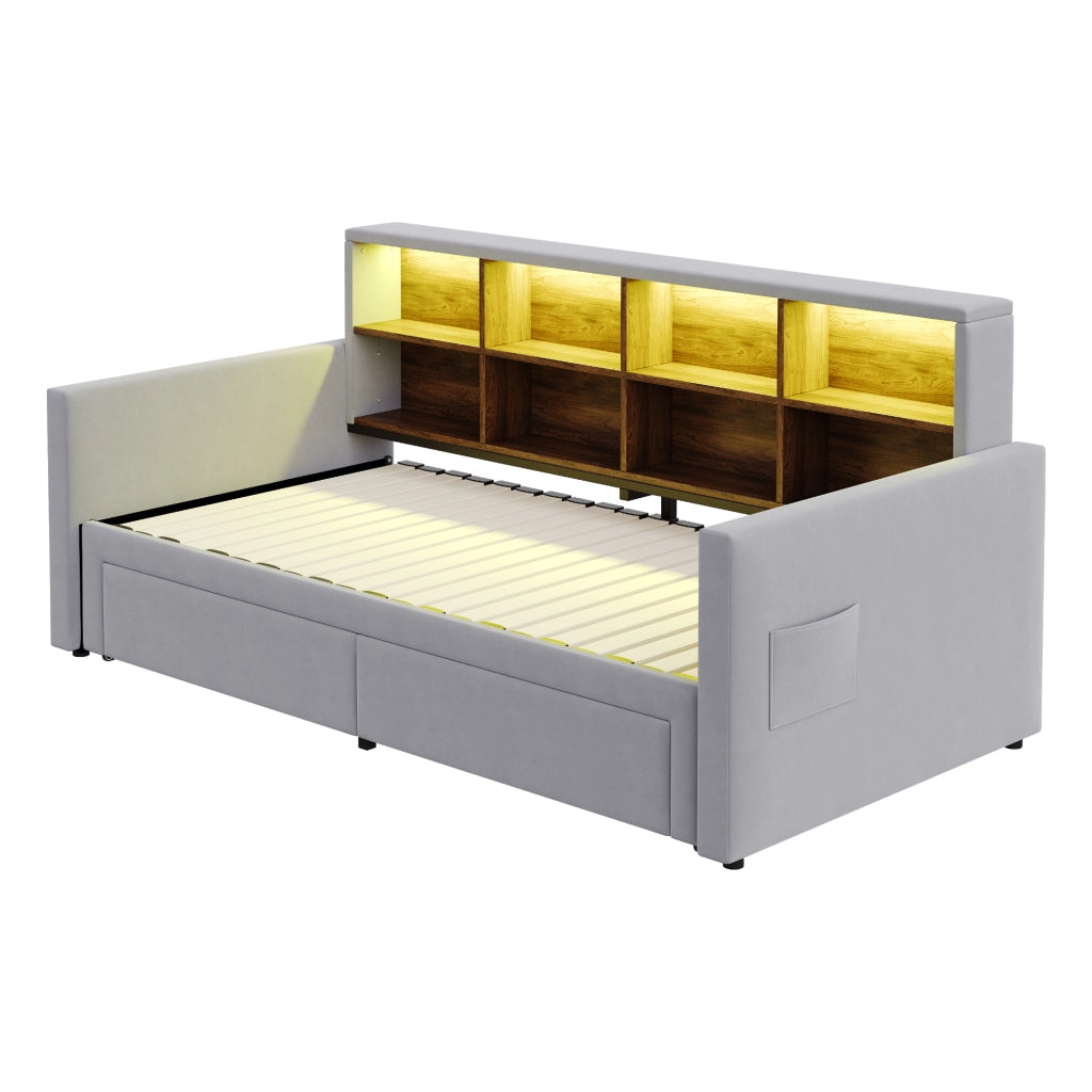 DESMIU Divano letto 90 × 190 cm 1 posto con letto estraibile, vani portaoggetti, LED, USB e Type C, senza materasso, velluto grigio chiaro