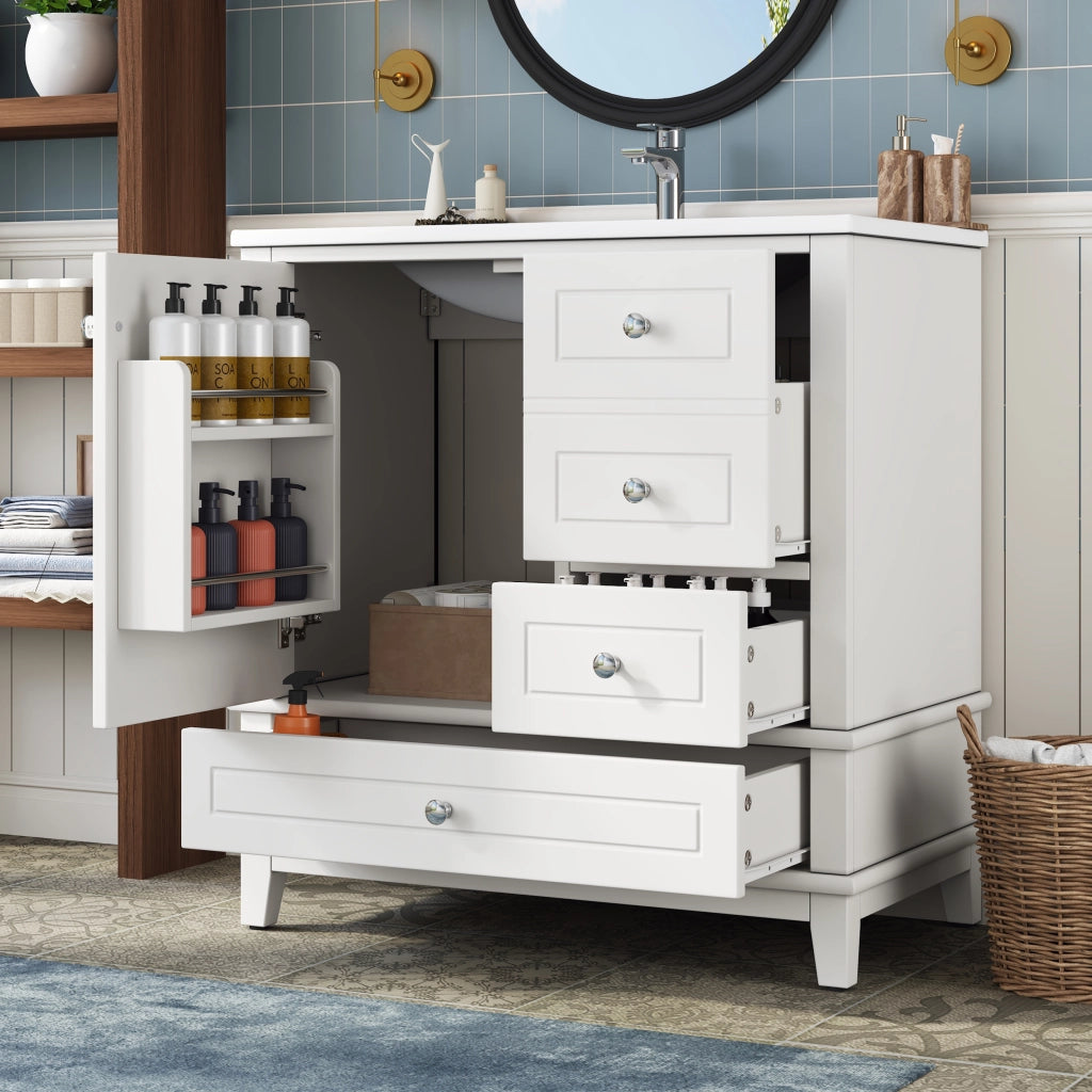 Mobile bagno a terra 81 cm con lavabo e 3 cassetti; in MDF e ceramica; bianco lucido