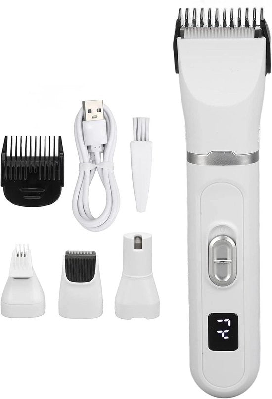 Kit di Pulizia per Cani Multifunzionale Silenzioso con 4 Testine Rimovibili per la Curatela - Trattamento dei Capelli, Rondini delle Zampe, Occhi e Orecchie