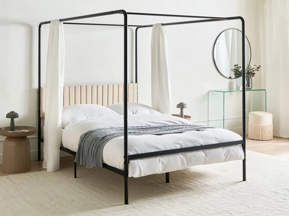 Letto a baldacchino in metallo nero con doppia testiera imbottita 140 x 200 cm moderno romantico