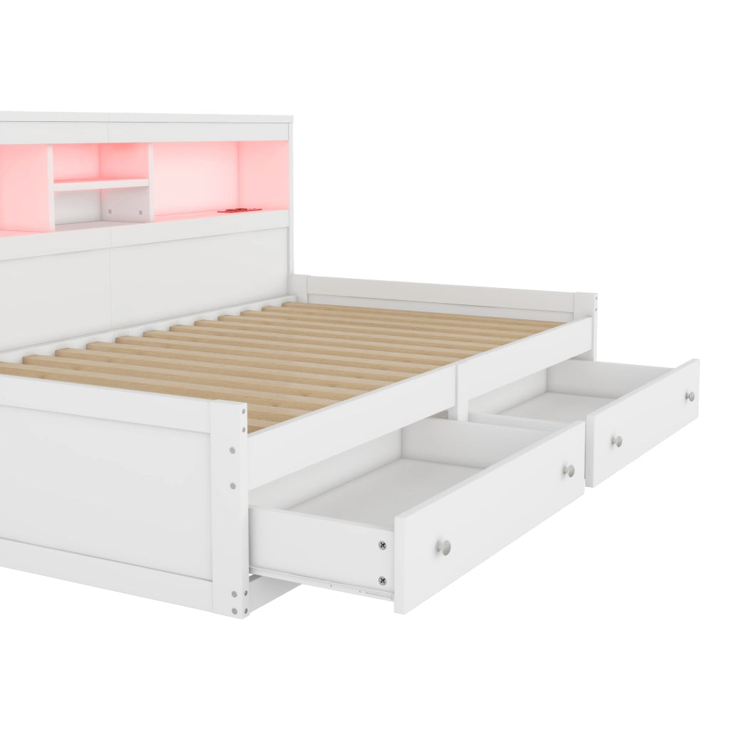 OKWISH Letto Divano 90×200 cm, Letto Singolo con 2 USB, 2 Prese, LED Regolabile e 2 Cassetti, senza Materasso, Bianco
