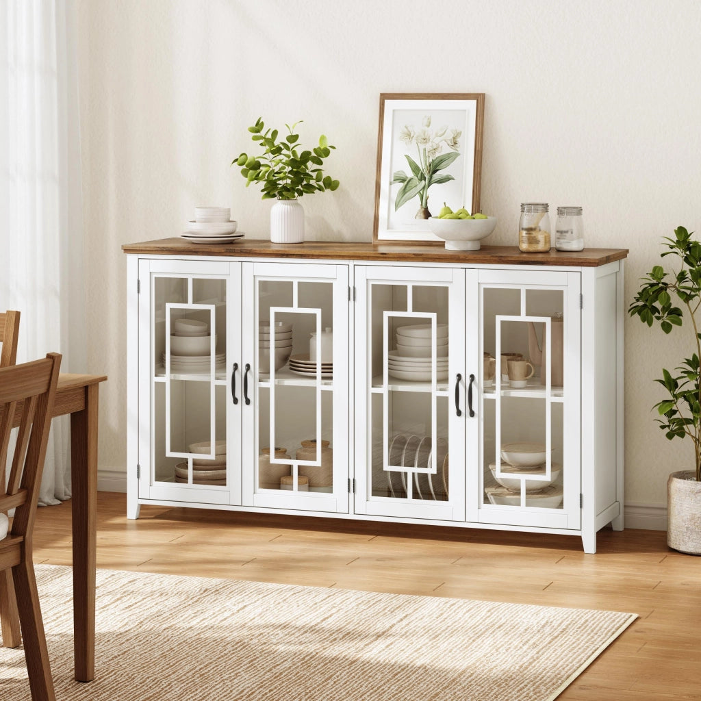 Credenza da cucina con 2 ante in vetro e ripiano - per cucina - in MDF - 160x40x86 cm - bianco