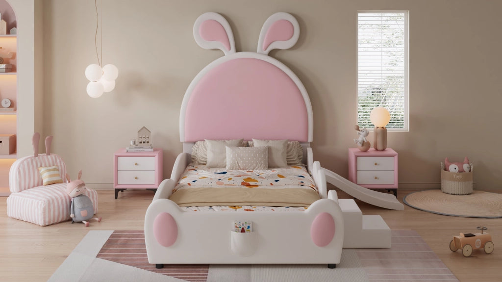 DESMIU Letto bambino 90 × 200 cm 1 posto con scaletta e scivolo, orecchie da coniglio, senza materasso, in PU, rosa e bianco