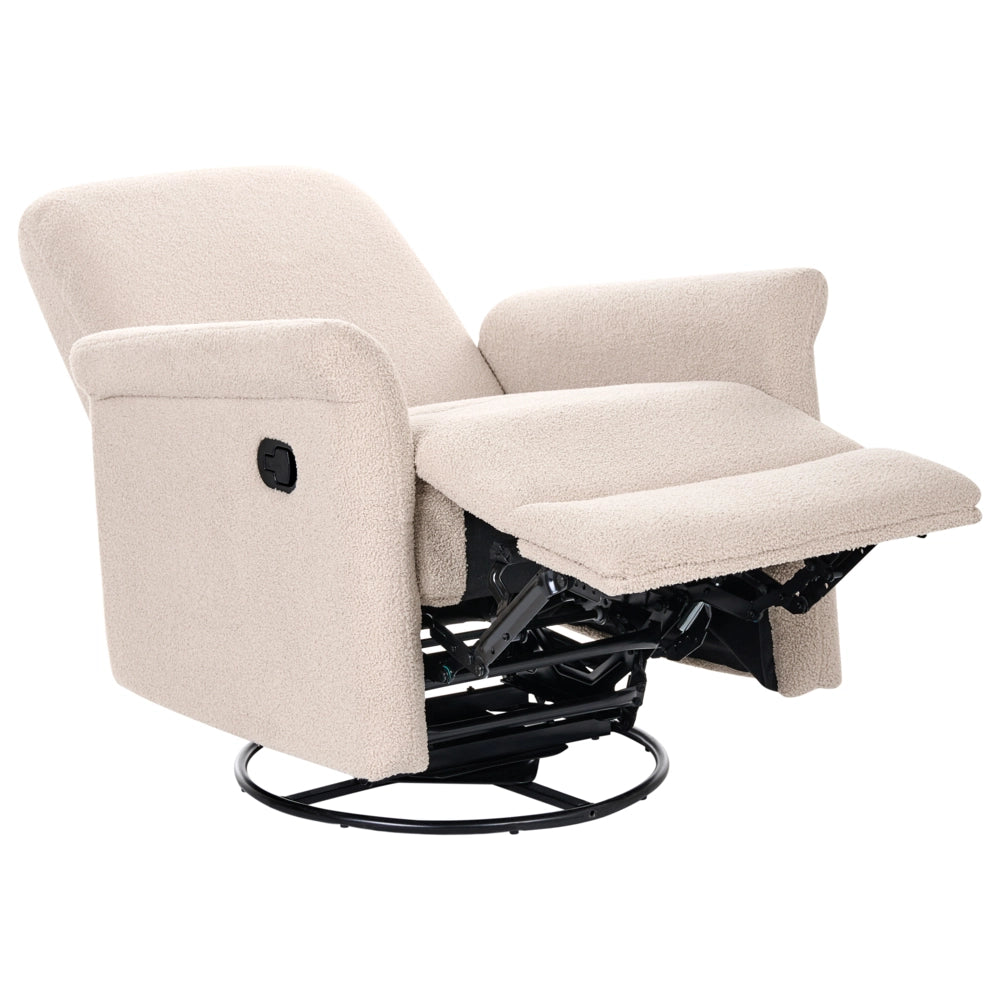 Poltrona reclinabile beige chiaro con meccanismo manuale rivestita in bouclé con schienale regolabile e poggiapiedi estraibile