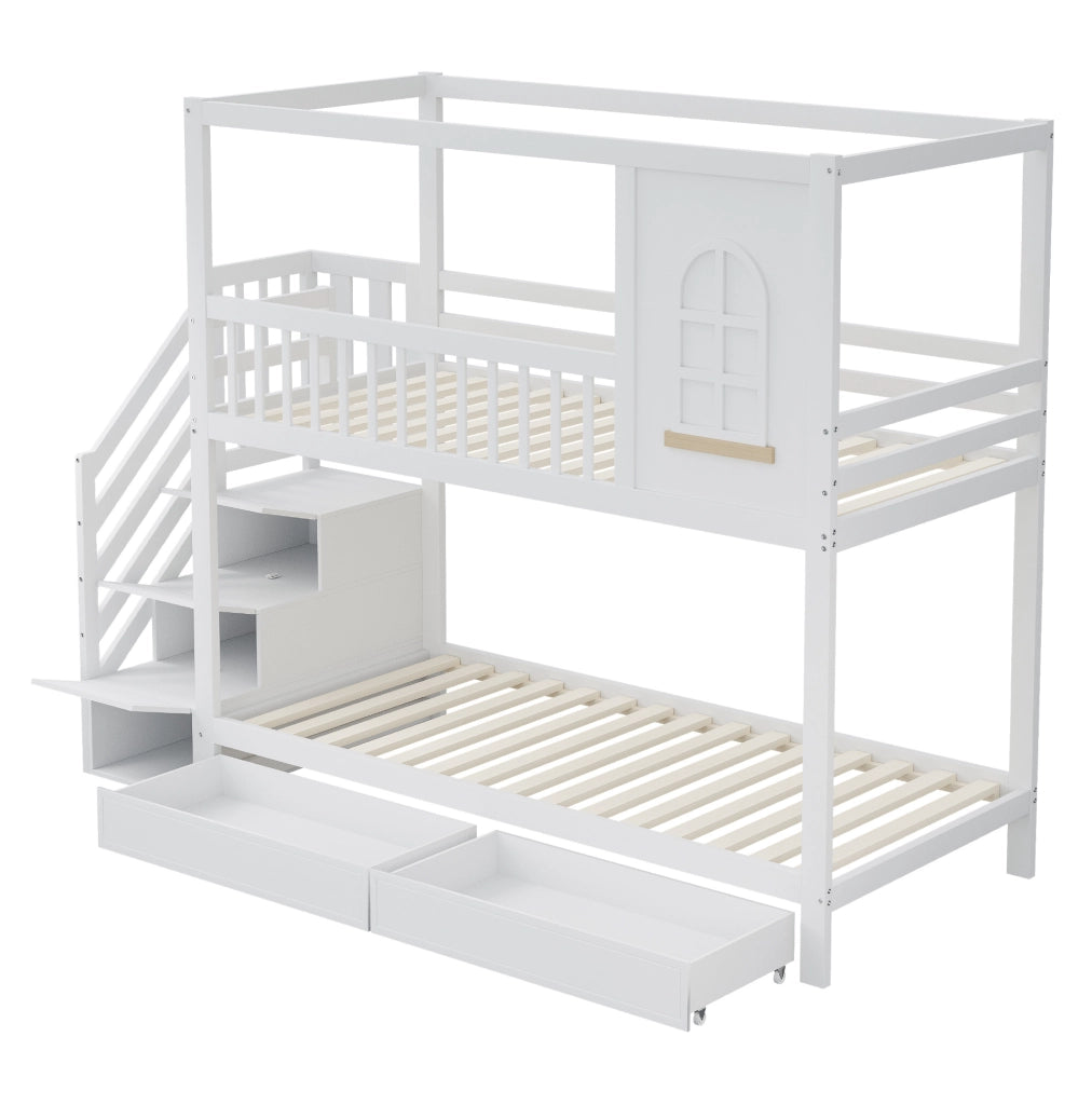 Letto a castello 90x200 cm con scala di sicurezza e cassetti in legno bianco