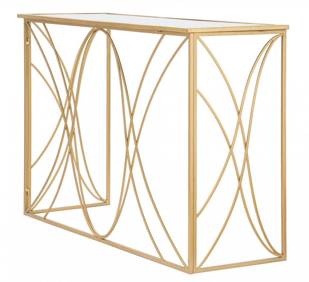 Console elegante, in metallo dorato, con piano in vetro a specchio, colore oro, Misure 40 x 80 x 120 cm