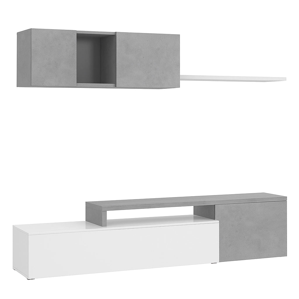 Parete Attrezzata Mobile Soggiorno TV con Mensola Pensile Salotto Legno Base Televisione Sala da Pranzo Design Moderno Modulare Reversibile Adelaide 201 x 41 x 44 cm Colore Bianco e Grigio Cemento