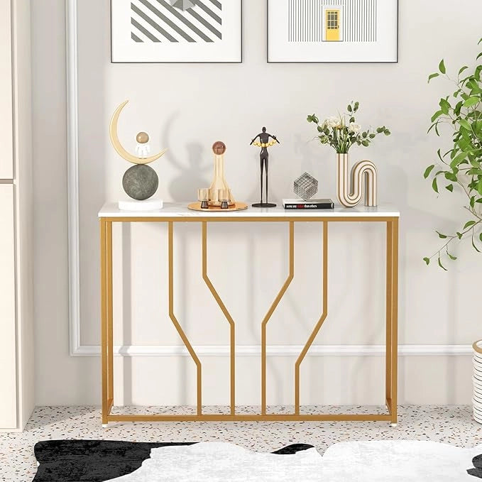 Tavolo Consolle 110cm, Tavolo da Ingresso con Piano Effetto Marmo, Struttura in Metallo, per Soggiorno, Corridoio, Ingresso