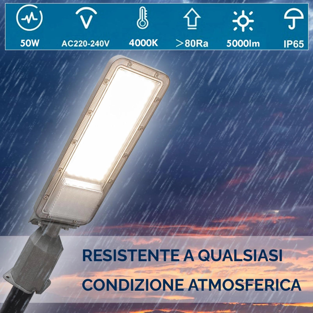 Faro armatura stradale IP65 LED 50W illuminazione pubblica viali parchi inclinabile 90 gradi luce naturale 4000K 230V