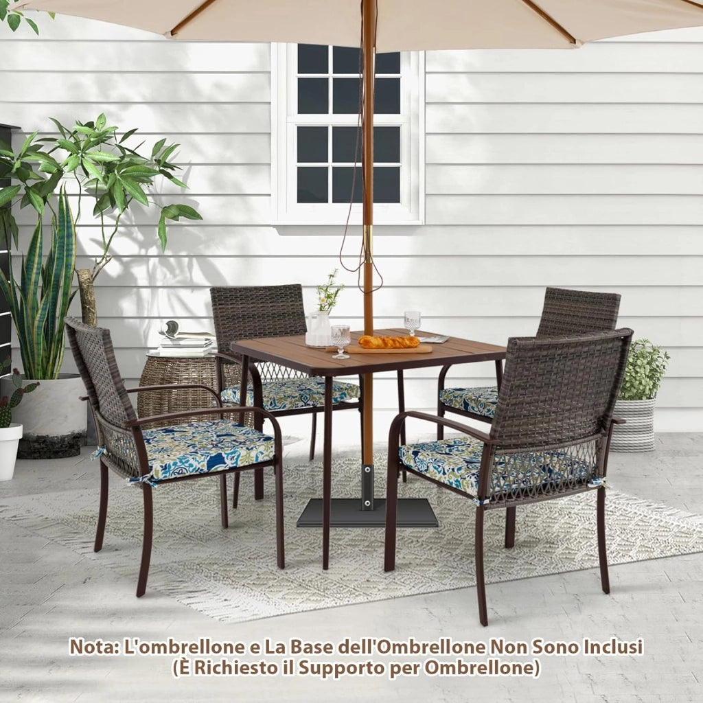 Set 5 Pezzi Tavolo e Sedie da Esterno, Tavolo Quadtato con Piano in Legno Plastica e Foroe per Ombrellone e 4 Poltrone in Rattan con Cuscini, Mobile per Giardino, Terrazza e Bordo Piscina