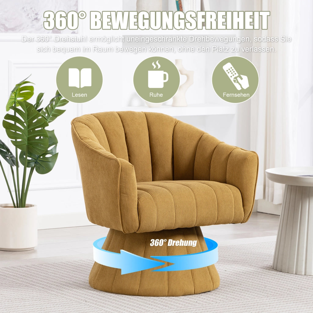 Sedia girevole 360° con seduta imbottita e braccioli avvolgenti in velluto a coste giallo senape 70 × 66 × 72 cm