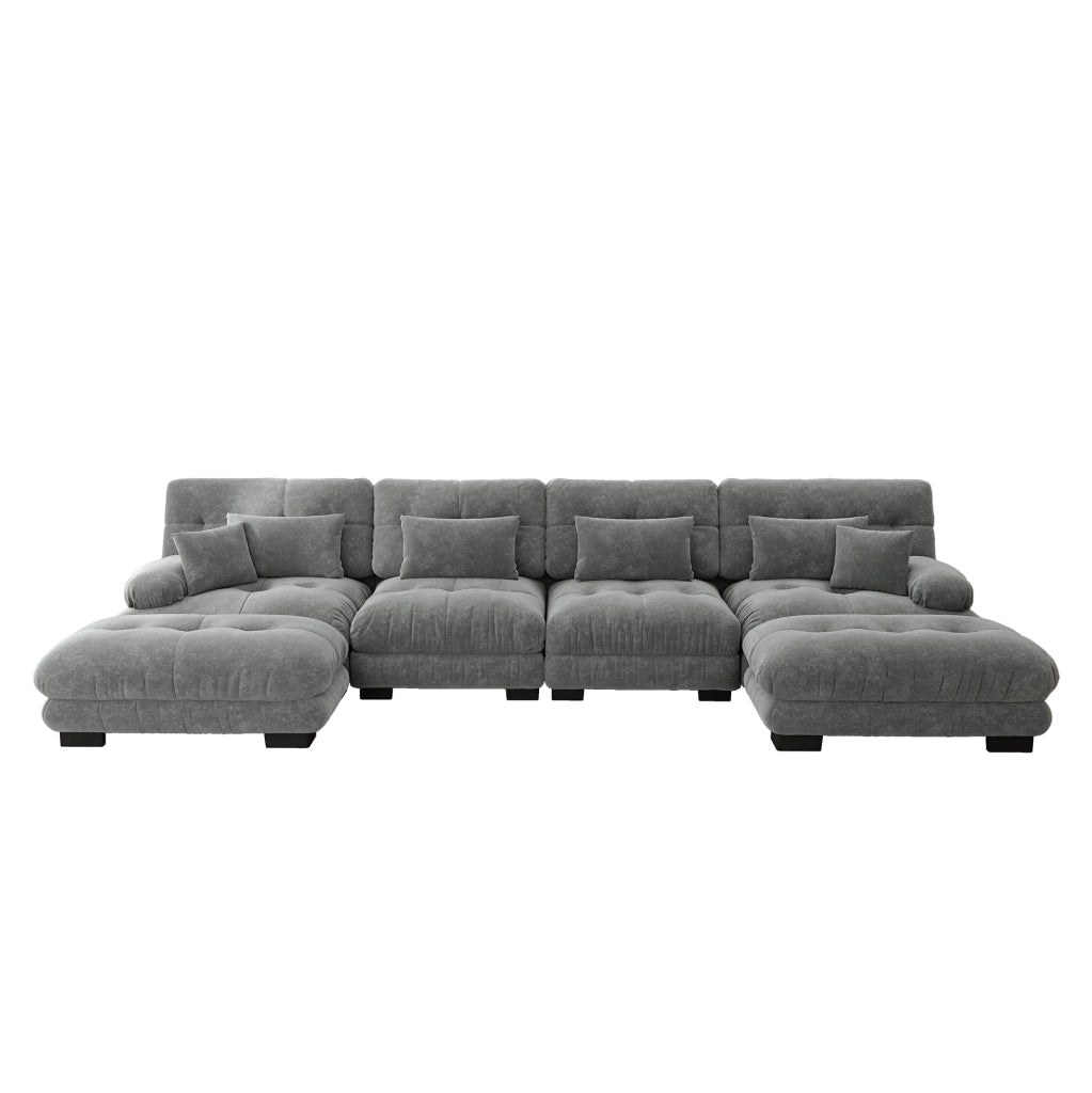Divano modulare 406x145x81 cm con pouf mobili in chenille grigio