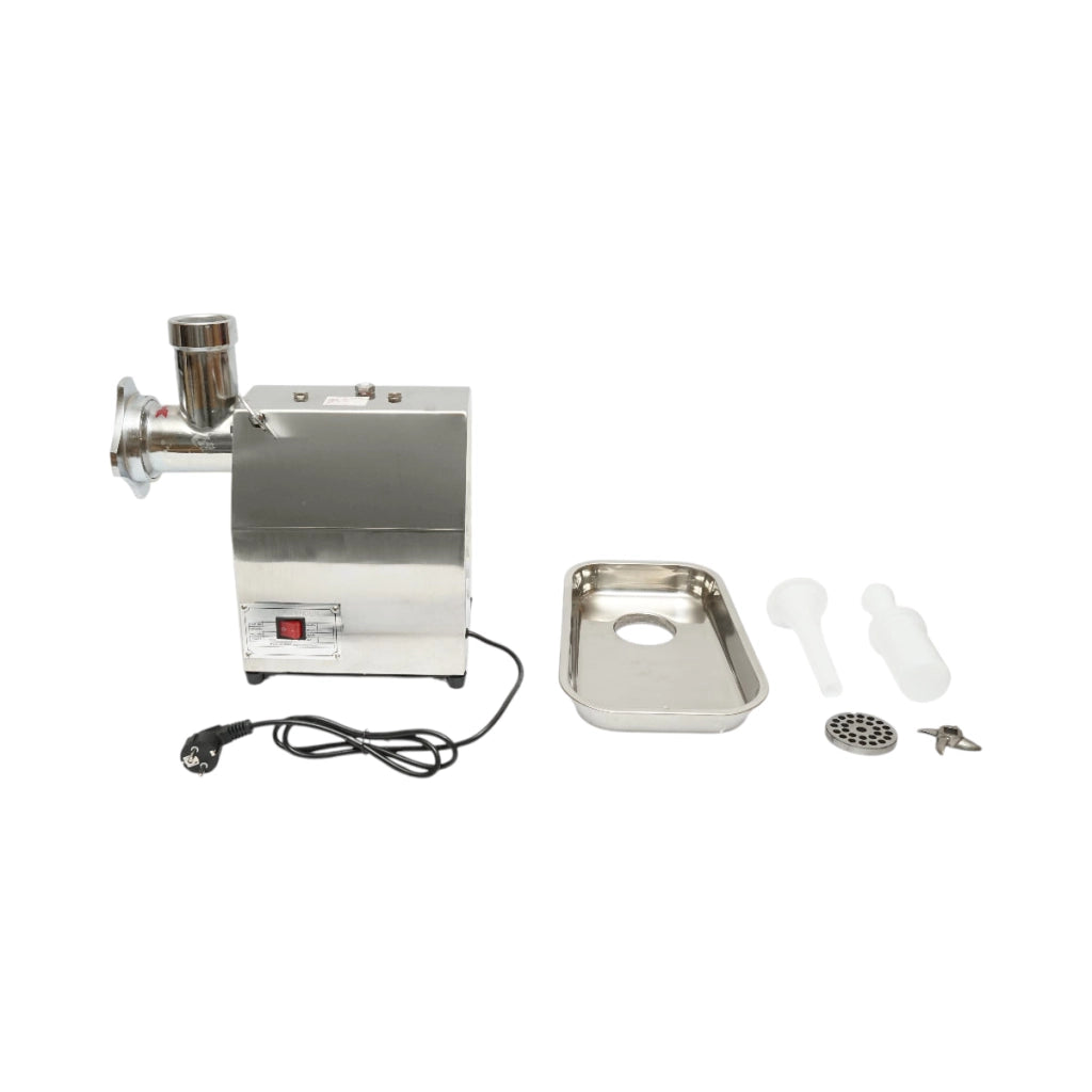 Tritacarne elettrico in acciaio inox 850W, 220V, capacità 150 kg/h, adattatore per salsicce, 2 setacci e 2 coltelli inclusi 380x210x415mm