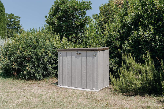 Baule porta attrezzi da esterno in resina Stora Way 842 litri con doppia apertura colore grigio talpa e marrone Toomax