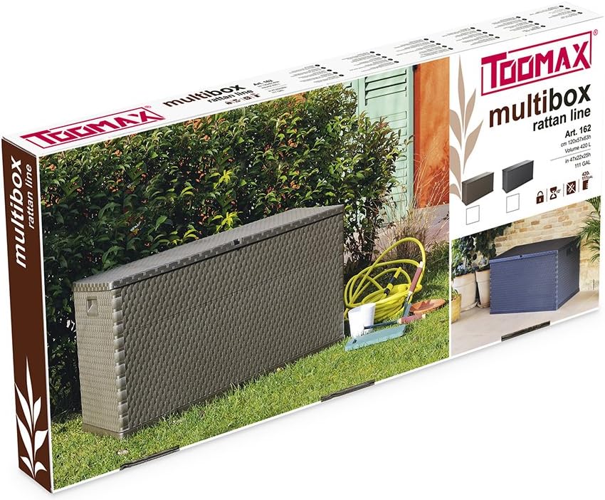 Baule multiuso da esterno in resina effetto rattan 420 litri con ruote colore marrone Toomax
