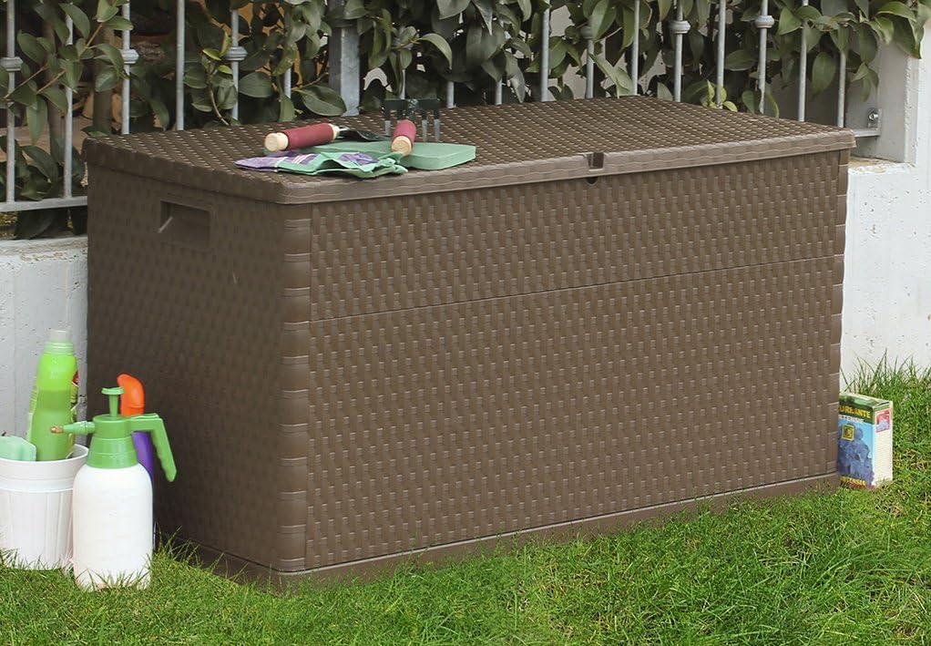 Baule multiuso da esterno in resina effetto rattan 420 litri con ruote colore marrone Toomax
