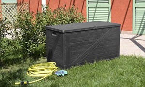 Baule multiuso da esterno Portofino Plus 420 litri in resina effetto rattan e legno colore antracite Toomax