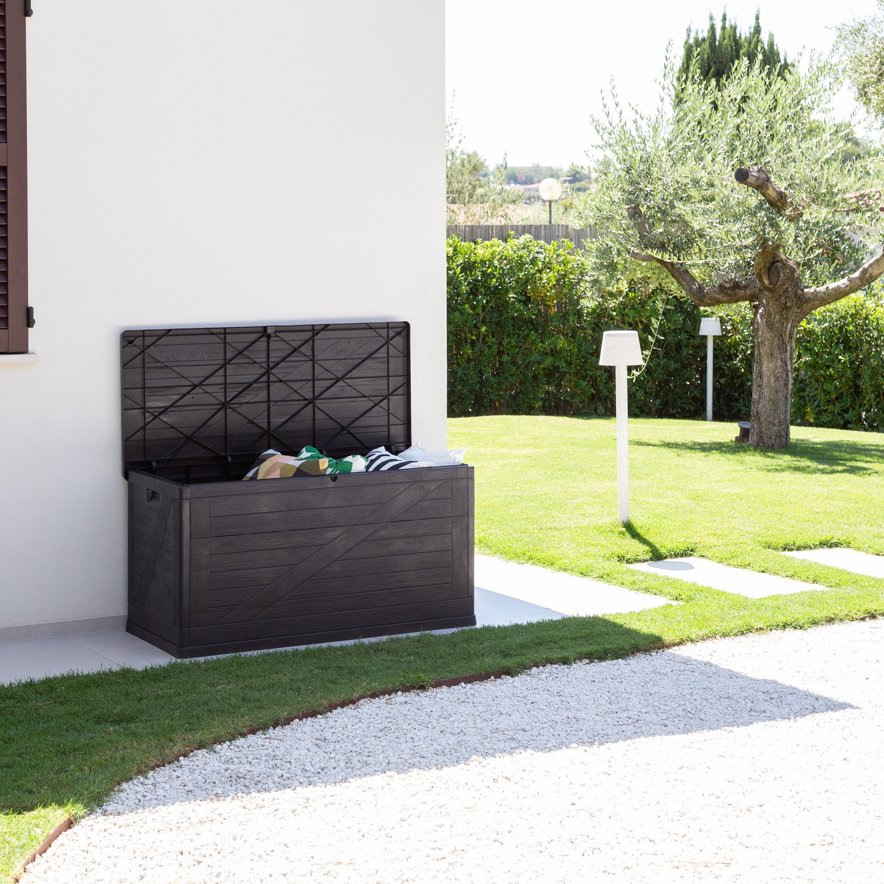 Baule multiuso da esterno Portofino Plus 420 litri in resina effetto rattan e legno colore antracite Toomax
