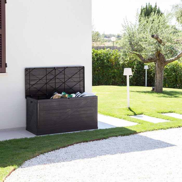 Baule multiuso da esterno Portofino Plus 420 litri in resina effetto rattan e legno colore antracite Toomax