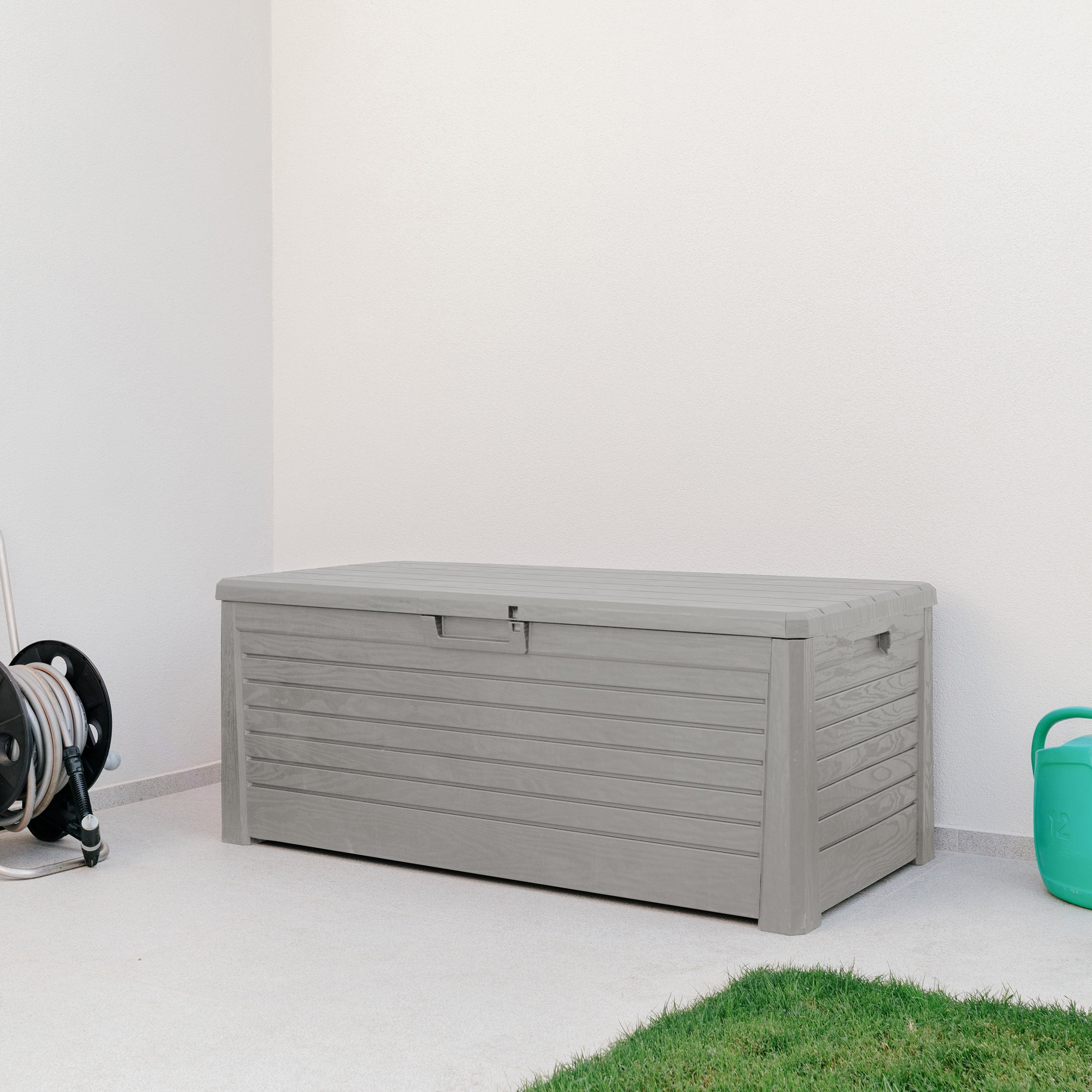 Baule multiuso da esterno Florida 550 litri con seduta per due persone effetto legno colore grigio tortora Toomax