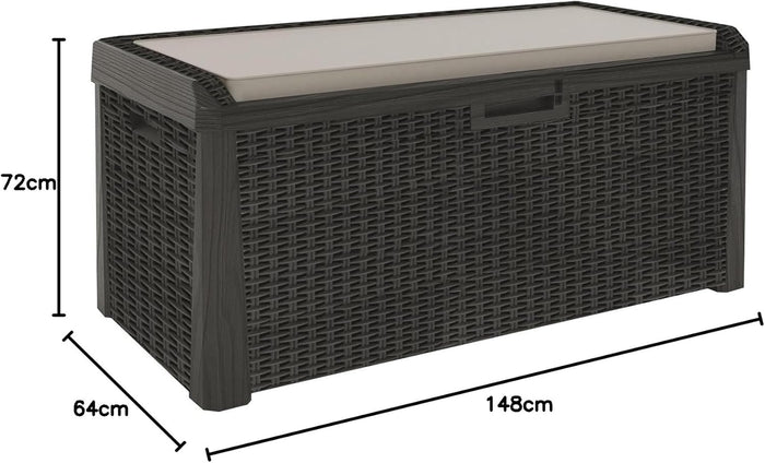 Baule multiuso da esterno Santorini Plus 560 litri in resina effetto rattan colore antracite con cuscino Toomax