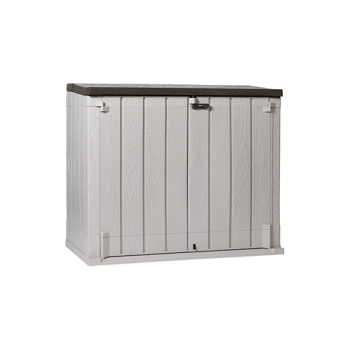 Baule porta attrezzi e bidoni da esterno Stora Way Plus XL 1270 litri in resina con doppia anta e apertura assistita colore grigio talpa e marrone Toomax
