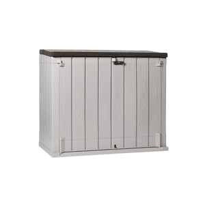 Baule porta attrezzi e bidoni da esterno Stora Way Plus XL 1270 litri in resina con doppia anta e apertura assistita colore grigio talpa e marrone Toomax