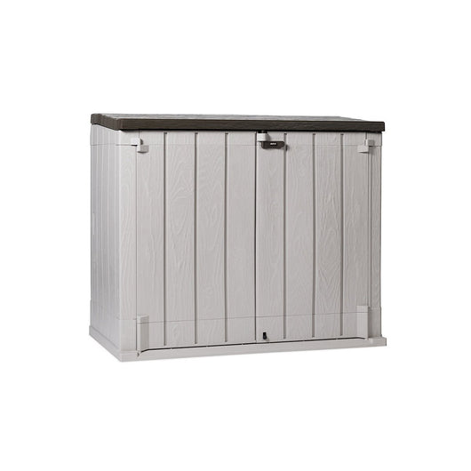 Baule porta attrezzi e bidoni da esterno Stora Way Plus XL 1270 litri in resina con doppia anta e apertura assistita colore grigio talpa e marrone Toomax