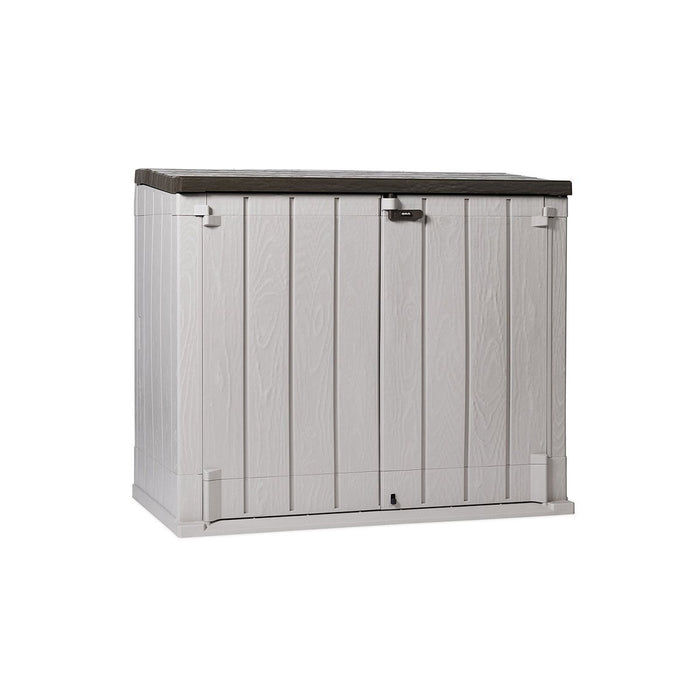Baule porta attrezzi e bidoni da esterno Stora Way Plus XL 1270 litri in resina con doppia anta e apertura assistita colore grigio talpa e marrone Toomax